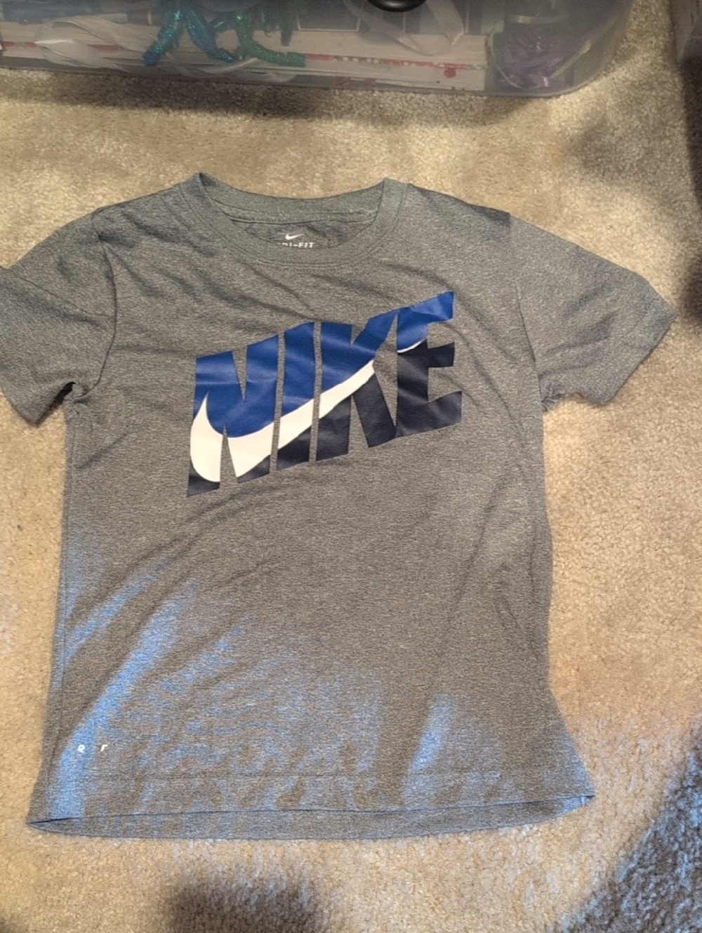 Nike Kids Gray Short-Sleeve Logo Tee with Blue and White Graphic